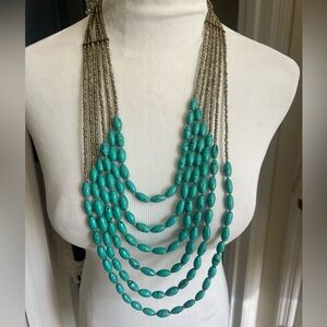 Vtg Gorgeous Bohemian Beaded Multi Strand  Turquoise Aqua Statement Necklace